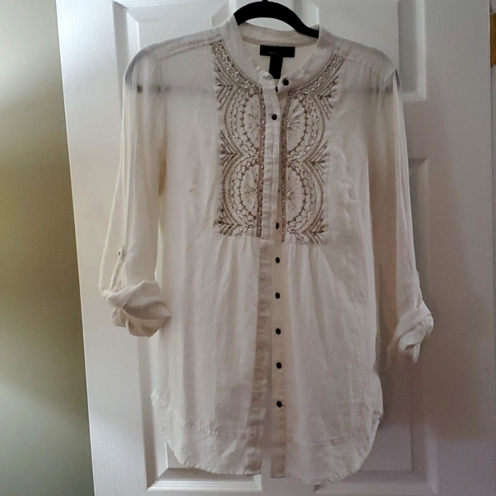 Style &Co. Small, white, beaded, long sleeved shirt/tunic.
